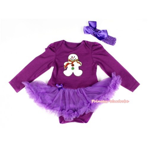 Xmas Dark Purple Long Sleeve Baby Bodysuit Jumpsuit Dark Purple Pettiskirt With Christmas Gingerbread Snowman Print & Dark Purple Headband Dark Purple Silk Bow JS2281 