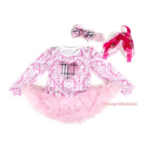 Light Pink White Damask Long Sleeve Baby Bodysuit Jumpsuit Light Pink Pettiskirt With Light Pink Checked Heart Print With Light Pink Headband Light Pink Checked Satin Bow & Hot Pink Ribbon Pink White Damask Shoes JS2218 