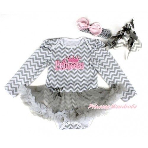 Grey White Wave Long Sleeve Baby Bodysuit Jumpsuit Grey White Pettiskirt With PRINCESS Print With Grey Headband Light Pink Silk Bow & Grey Ribbon Grey White Wave Shoes JS2255 