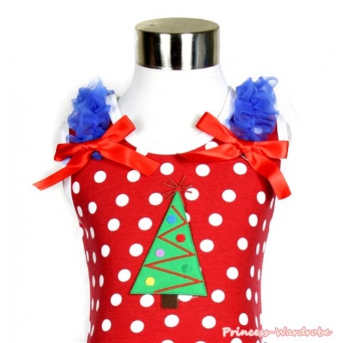 Xmas Minnie Polka Dots Tank Top With Christmas Tree Print with Royal Blue Ruffles and Red Bows TP180 