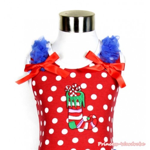 Xmas Minnie Polka Dots Tank Top With Christmas Stocking Print with Royal Blue Ruffles and Red Bows TP181 