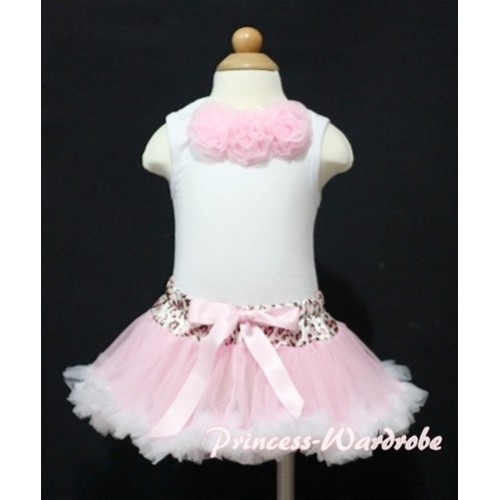 White Baby Pettitop & Light Pink Rosettes with ight Pink Leopard Waist Light Pink White Newborn Pettiskirt NG301 