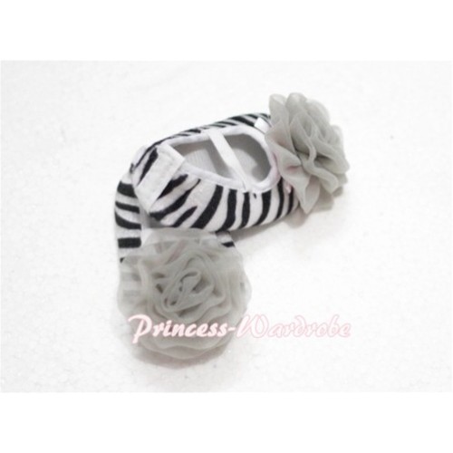 Baby Zebra Crib Shoes with Grey Rosettes S107 