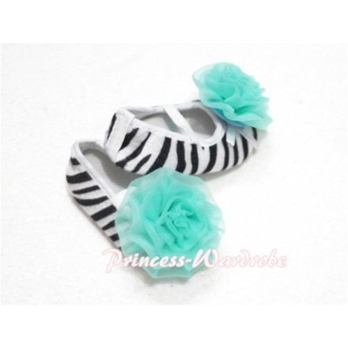 Baby Zebra Crib Shoes with Aqua Blue Rosettes S109 