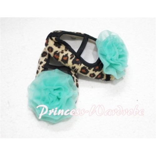 Baby Leopard Crib Shoes with Aqua Blue Rosettes  S110 
