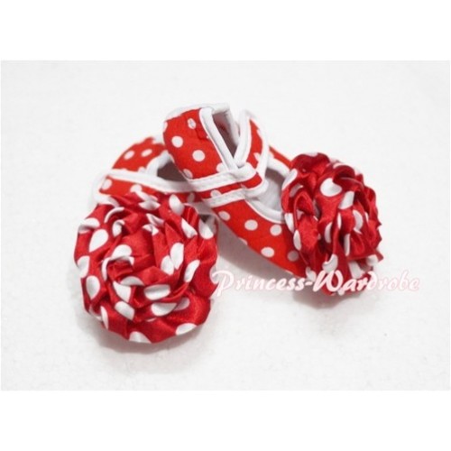 Baby Red white Polka Dot Crib Shoes with Red White Poika Dot Rosettes S113 