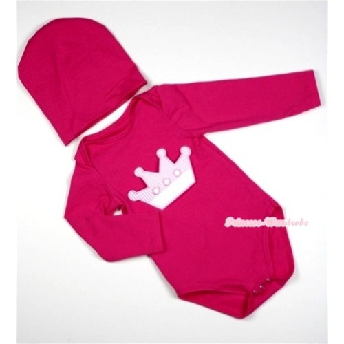 Hot Pink  Long Sleeve Baby Jumpsuit with Crown Print with Cap Set LS02 