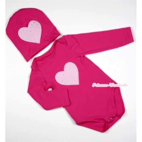 Hot Pink Long Sleeve Baby Jumpsuit with Light Pink Heart Print with Cap Set LS85 