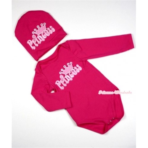 Hot Pink Long Sleeve Baby Jumpsuit with Princess Print with Cap Set LS86 