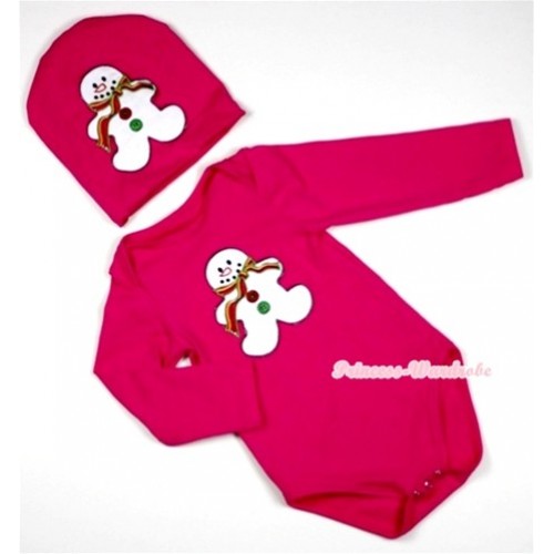 Hot Pink Long Sleeve Baby Jumpsuit with Christmas Gingerbread Snowman Print with Cap Set LS89 