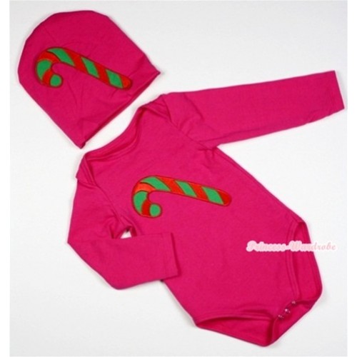 Hot Pink Long Sleeve Baby Jumpsuit with Christmas Stick Print with Cap Set LS91 