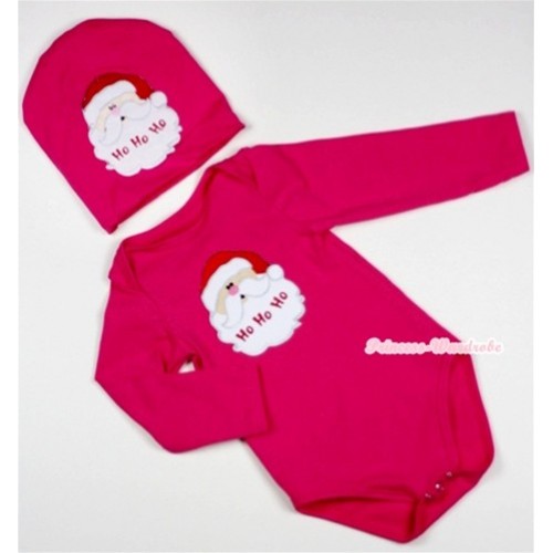 Hot Pink Long Sleeve Baby Jumpsuit with Santa Claus Print with Cap Set LS94 