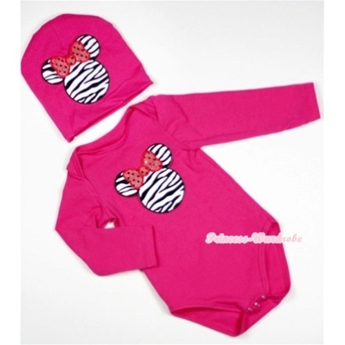 Hot Pink Long Sleeve Baby Jumpsuit with Zebra Minnie Print with Cap Set LS95 