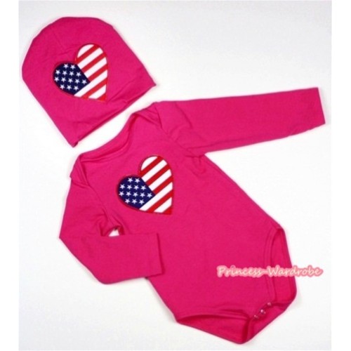 Hot Pink Long Sleeve Baby Jumpsuit with America Flag Heart Print with Cap Set LS97 
