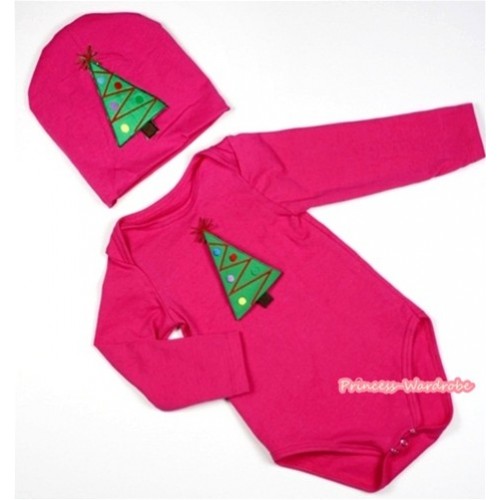 Hot Pink Long Sleeve Baby Jumpsuit with Christmas Tree Print with Cap Set LS98 