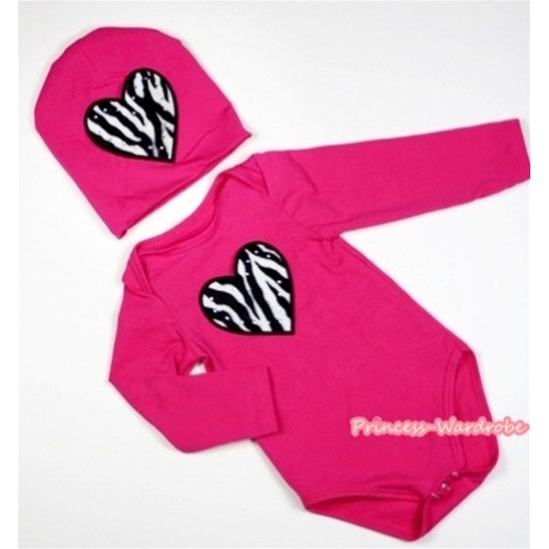 Hot Pink Long Sleeve Baby Jumpsuit with Zebra Heart Print with Cap Set LS99 