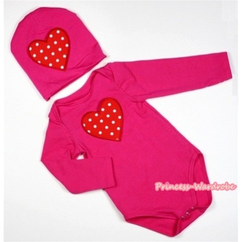 Hot Pink Long Sleeve Baby Jumpsuit with Red White Polka Dots Heart Print with Cap Set LS100 