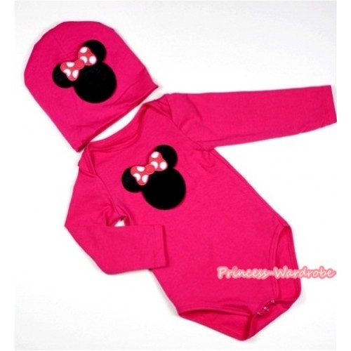 Hot Pink Long Sleeve Baby Jumpsuit with Hot Pink Minnie Print with Cap Set LS102 
