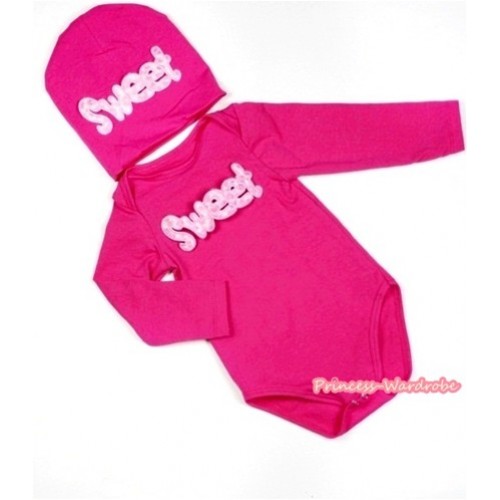 Hot Pink Long Sleeve Baby Jumpsuit with Sweet Print with Cap Set LS105 