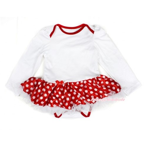 White Long Sleeve Baby Bodysuit Jumpsuit Minnie Dots White Pettiskirt JS2290 