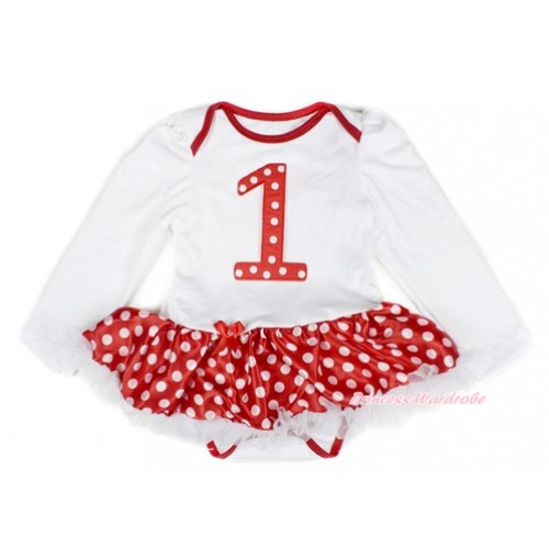  White Long Sleeve Baby Bodysuit Jumpsuit Minnie Dots White Pettiskirt With 1st Red White Dots Birthday Number Print JS2303 