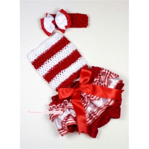 Red White Striped Panties Bloomers with Big Red Bow, Red White Striped Crochet Tube Top and Red White Bow Red Headband 3PC Set CT489 