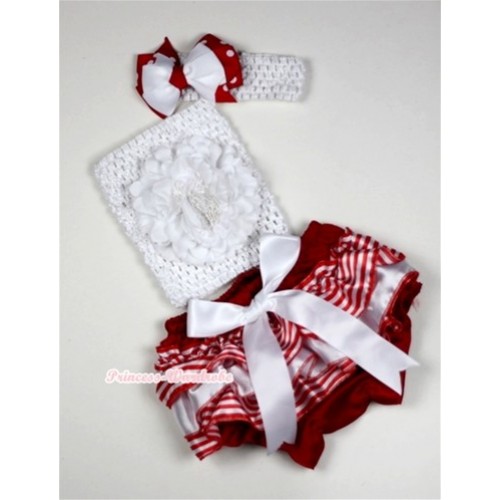Red White Striped Panties Bloomers with Big White Bow,White Peony White Crochet Tube Top and White mix Red White Polka Dots Bow Red Headband 3PC Set CT492 