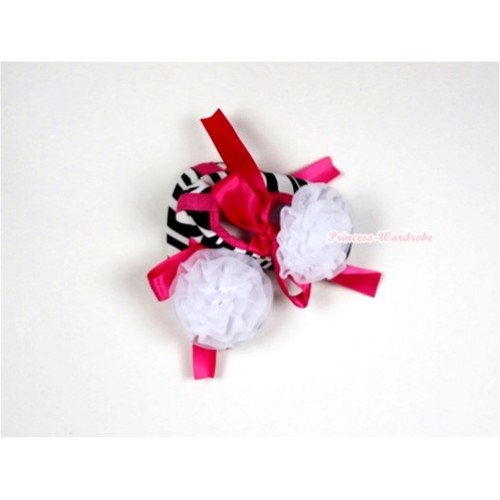 Zebra Crib Shoes with Hot Pink Ribbon with White Rosettes S478 