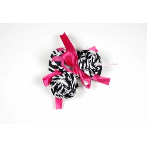 Zebra Crib Shoes with Hot Pink Ribbon with Zebra Print Rosettes S481 
