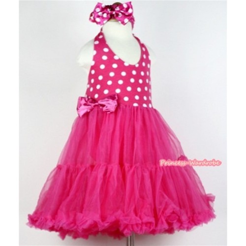 Hot Pink White Polka Dots with ONE-PIECE Petti Dress & Hot Pink Headband with Hot Pink White Polka Dots Bow LP12 