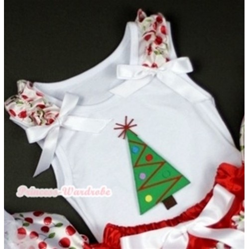 Christmas Tree Print White Tank Top with White Cherry Ruffles White Bows TB204 