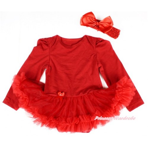 Red Long Sleeve Baby Bodysuit Jumpsuit Red Pettiskirt With Red Headband Red Silk Bow JS2363 