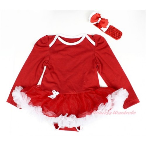 Red Long Sleeve Baby Bodysuit Jumpsuit Red White Pettiskirt With Red Headband Red White Ribbon Bow JS2364 