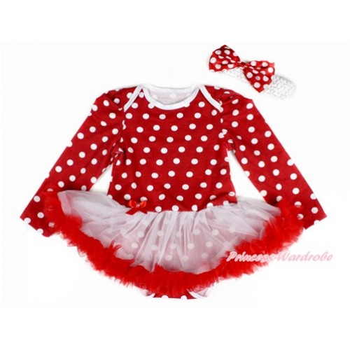 Minnie Dots Long Sleeve Baby Bodysuit Jumpsuit White Red Pettiskirt With White Headband Minnie Dots Satin Bow JS2365 