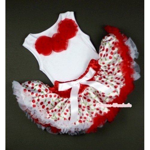 White Baby Pettitop with Red Rosettes with White Cherry Newborn Pettiskirt NG1024 
