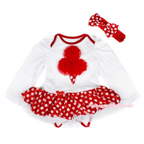 White Long Sleeve Baby Bodysuit Jumpsuit Minnie Dots White Pettiskirt With Red Rosettes Minnie Dots Ice Cream Print & Red Headband Minnie Dots Satin Bow JS2368 