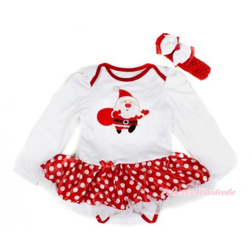 Xmas White Long Sleeve Baby Bodysuit Jumpsuit Minnie Dots White Pettiskirt With Gift Bag Santa Claus Print & Red Headband White Red Ribbon Bow JS2371 