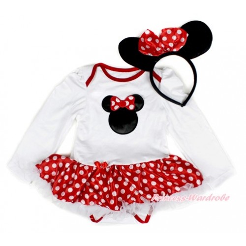 White Long Sleeve Baby Bodysuit Jumpsuit Minnie Dots White Pettiskirt With Minnie Print & Minnie Headband JS2376 