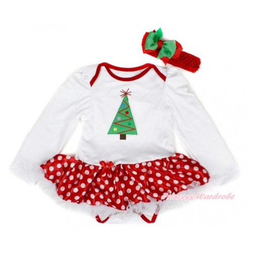 Xmas White Long Sleeve Baby Bodysuit Jumpsuit Minnie Dots White Pettiskirt With Christmas Tree Print & Red Headband Kelly Green Red Ribbon Bow JS2380 
