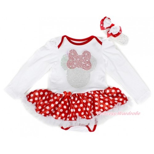Xmas White Long Sleeve Baby Bodysuit Jumpsuit Minnie Dots White Pettiskirt With Sparkle Crystal Bling Red Minnie Print & White Headband White Minnie Dots Ribbon Bow JS2381 