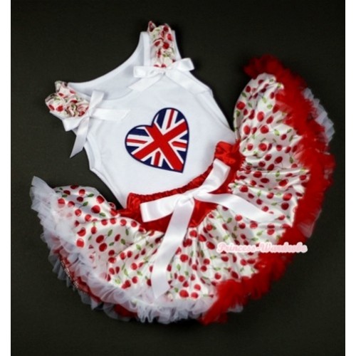 White Baby Pettitop with Patriotic Britain Heart Print with White Cherry Ruffles & White Bows & White Cherry Newborn Pettiskirt NN13 