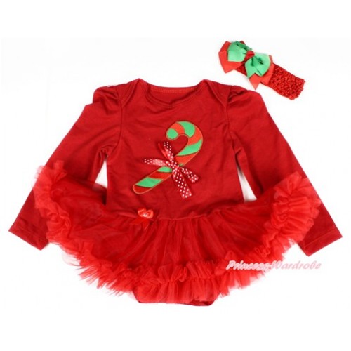 Xmas Red Long Sleeve Baby Bodysuit Jumpsuit Red Pettiskirt With Christmas Stick Print & Minnie Dots Bow & Red Headband Kelly Green Red Ribbon Bow JS2383 