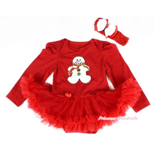 Xmas Red Long Sleeve Baby Bodysuit Jumpsuit Red Pettiskirt With Christmas Gingerbread Snowman Print & Red Headband White Red Ribbon Bow JS2384 