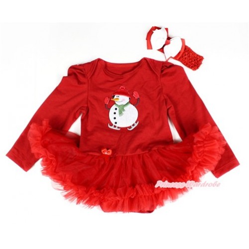 Xmas Red Long Sleeve Baby Bodysuit Jumpsuit Red Pettiskirt With Ice-Skating Snowman Print & Red Headband White Red Ribbon Bow JS2385 