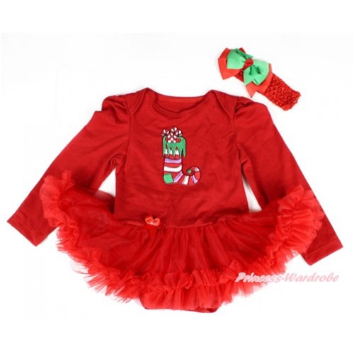 Xmas Red Long Sleeve Baby Bodysuit Jumpsuit Red Pettiskirt With Christmas Stocking Print & Red Headband Kelly Green Red Ribbon Bow JS2388 