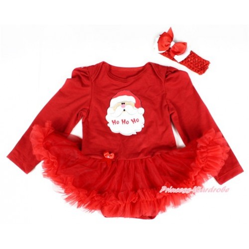 Xmas Red Long Sleeve Baby Bodysuit Jumpsuit Red Pettiskirt With Santa Claus Print & Red Headband Red White Ribbon Bow JS2391 
