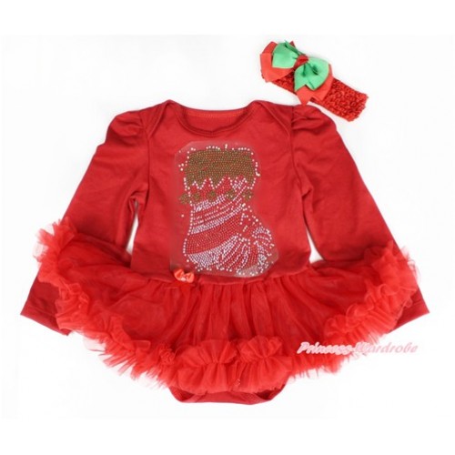 Xmas Red Long Sleeve Baby Bodysuit Jumpsuit Red Pettiskirt With Sparkle Crystal Bling Christmas Stocking Print & Red Headband Kelly Green Red Ribbon Bow JS2393 