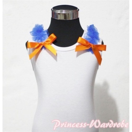 White Tank Top with Orange Ribbon and Royal Blue ruffles T306 