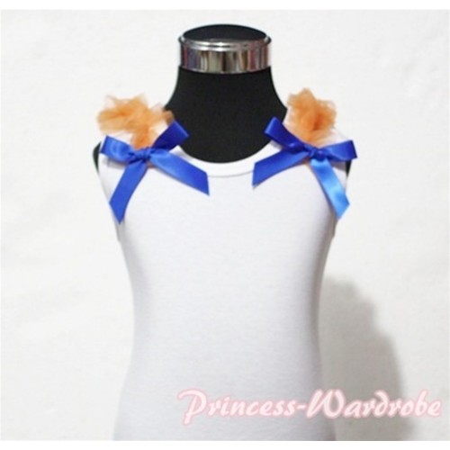 White Tank Top with Royal Blue Ribbon and Orange ruffles T307 