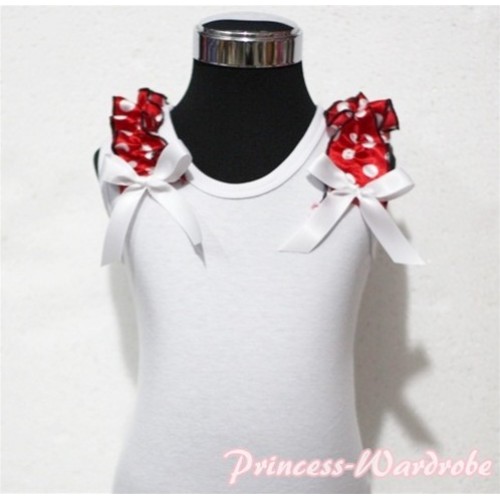 White Tank Top with White Ribbon and Red White Polka Dot ruffles T310 
